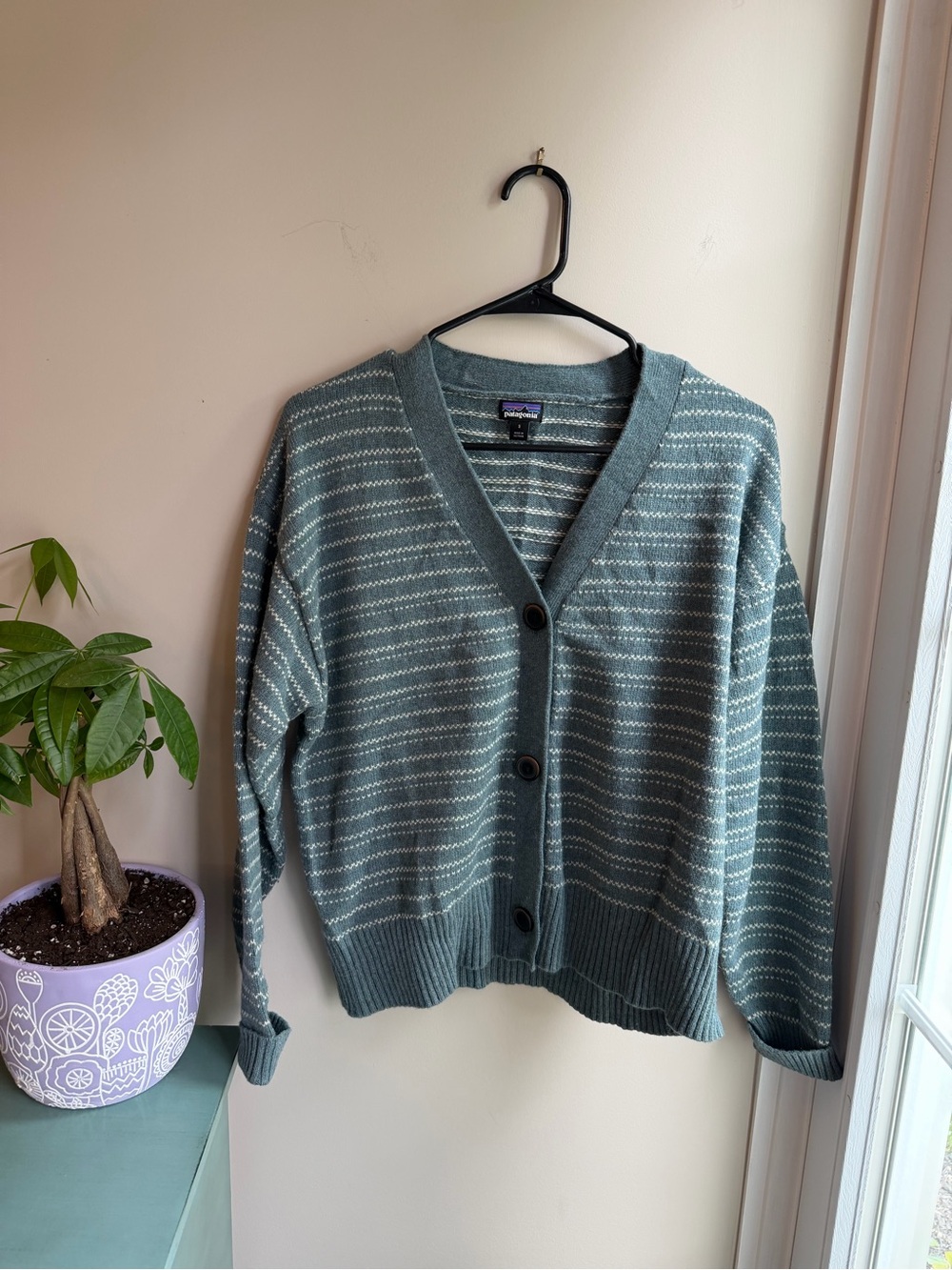 Patagonia Recycled Wool Teal-Striped V-Neck Button Cardigan